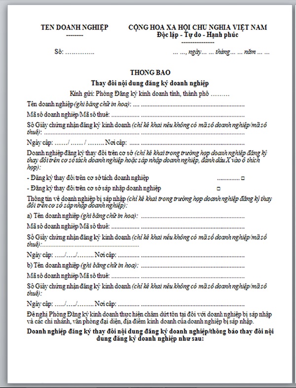 Mẫu thông báo thay đổi địa chỉ kinh doanh mới nhất 2021